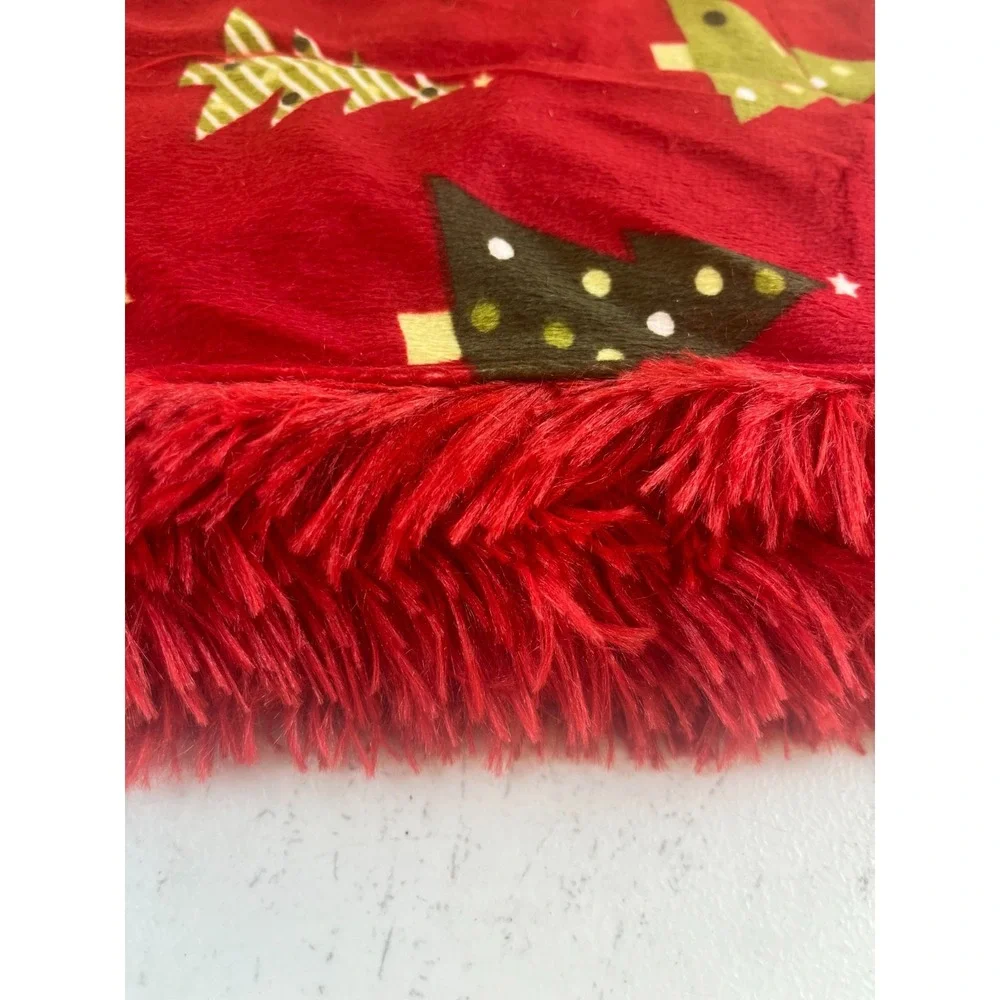 Marlo Lorenz Red Christmas Trees Fringe Faux Fur Backing Micromink Throw Blanket